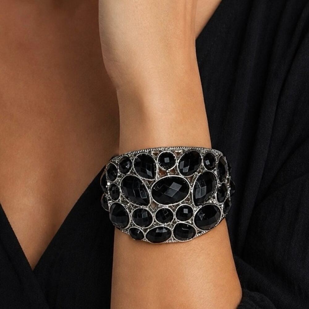 Black Rhinestone Statement Cuff‎ Bracelet Silver Hinged Wide Glam